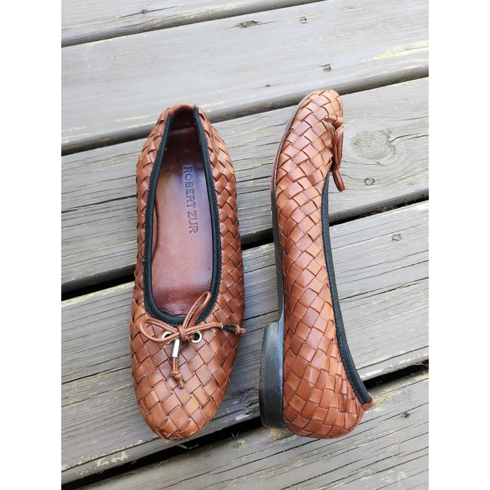 Robert Zur Ballet Flats Cognac Brown Woven Leather Bow‎ Detail 9.5M